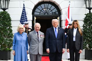 US president Donald Trump and first lady Melania Trump (right) with King George III in front of the White House in Washington, DC. Charles and Queen bid farewell to Camilla